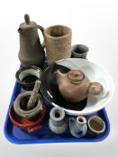 Assorted 20th-century Scandinavian studio pottery ceramics including teapots, pestle and mortar,