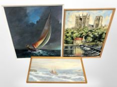 M Watson (20th Century) : A sailboat in rough seas, oil on board, 29cm x 59cm,