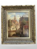 Continental school : Figures by steps along a canal, oil on panel, 24cm x 29cm.