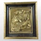 A gilt brass relief plaque depicting St Peter in gilt frame, overall 26cm x 24cm.