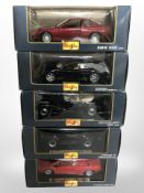 Five Maisto 1:18 scale die-cast cars.