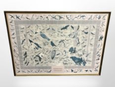 A lithographic montage of wild birds in Hogarth style frame,