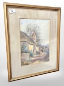 Tom Clough : Figure standing by a thatched cottage, watercolour, 24 x 34cm.