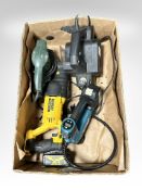 A group of power tools, to include: an electric planer, a Makita DMP 180, a DeWalt saw,