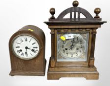 A beech eight day mantel clock with silvered dial, striking on a gong, height 37cm,