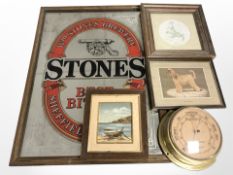 A Stones Brewery picture mirror, a small oil painting of a boat, two further prints, etc.