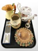 A Victorian Imari teapot, a Burleigh Ware Art Deco jug, Royal Doulton jug,