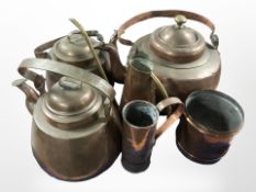 Three 19th century copper kettles, two jugs and a further pot.