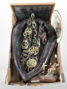A leather horse collar, quantity of horse brasses on straps, equestrian themed plate and picture,