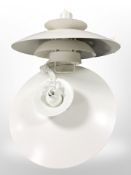 Two Scandinavian enamelled metal pendant light fittings,