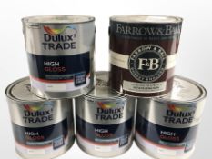 Five 2.5 litre tins of Dulux and Farrow & Ball paint.