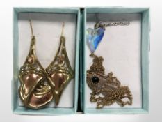 A mixed metal brooch and matching pair of drop earrings, marked Alamo,