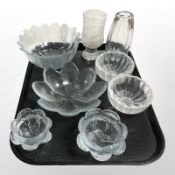 Eight various pieces of Scandinavian art glass including vases tealight holders, bowls, etc.