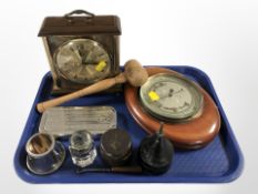 A Metamec brass and onyx quartz mantle time piece, together with a barometer, a gavel,