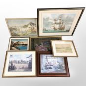 Seven assorted pictures and prints, collage picture, W Nicholson watercolour dated 1932, etc.