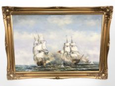 P J Gibson (Contemporary) : Battleships exchanging cannon fire, oil on canvas, 59cm x 90cm.