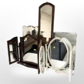 Two Art Deco frameless mirrors, two dressing table mirrors, and another mirror, longest 108cm.