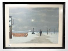 After Folmer Bendlsen : Figure by a coast, colour print, 67cm x 50cm.