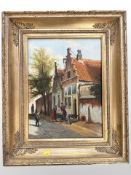 J Beekhout : Figures on a cobbled street, oil on panel, 28cm x 39cm.