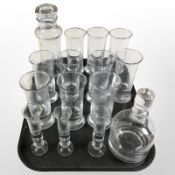 A Holmegaard decanter and various flared foot drinking glasses, etc.