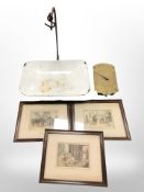 An enameled and cast iron grocers scale, further Salter spring balance scale, three colour prints.
