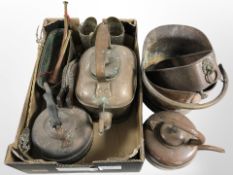A group of 19th century copper and brass wares, including large kettle, planter, two horns,