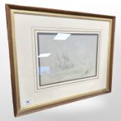 19th century school : A frigate in high seas, watercolour, dimensions 28 x 20cm,
