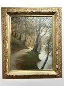 Danish school : Pathway by a river, oil on canvas, 44cm x 56cm.
