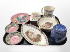 A Ringtons blue and white hexagonal caddy and 7 pieces of Maling lustre ware.