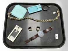 A group of jewellery, to include: Sterling silver CZ studs, chunky gold plated chain, dress rings,