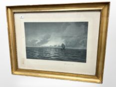 A Danish colour print depicting a tall ship in moonlight, 91cm x 70cm overall.