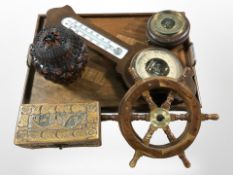 A twin-handled inlaid teak drinks tray, together with two barometers, miniature ship's wheel,