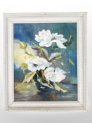 Nancie Foster : Still life with flowers in a vase, oil on board, 44cm x 54cm.