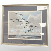 After Sir Peter Scott : Canadian Geese in Flight, reproduction in colours, numbered 129/950,
