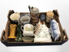19th century and later ceramics, including Staffordshire figure group, pottery stein,
