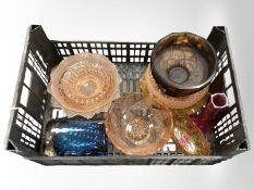 A group of antique and later coloured glass including Sowerby pink glass fruit bowl and other