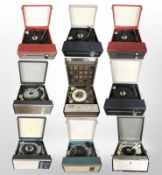 Nine 20th-century table top record players including Bush, Dansette, Marconiphone, Fidelity, etc.