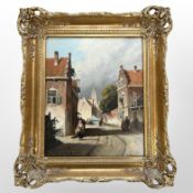 J Beekhout : Figures in a street, oil on panel, 24cm x 29cm.