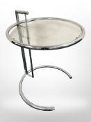 A Scandinavian chrome and glass circular lamp table,