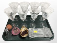 A set of eight Royal Brierley crystal wine glasses together with a further studio glass paperweight,