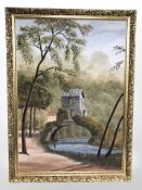 John J Kerr : A man fishing in a river with bridge beyond, oil on canvas, 100cm x 70cm.