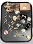 A group of dress rings, contemporary pocket watches, cuff links, commemorative crowns etc.