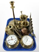 A brass circular ship's barometer, similar quartz timepiece, two brass pestles and mortars,