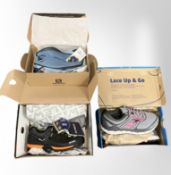 Three pairs of new shoes - Brooks, women's size 8.5, Salomon, size 5.5 and Salewa, size 8.5.