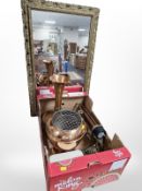 A gilt framed mirror and a group of metal wares including rose bowl and vase, wall hanging bell,