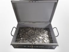 A metal deed box containing a large quantity of British pre-decimal coins, crowns, etc.