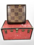 A metal bound canvas trunk, width 90cm, and a stitched vinyl footstool.