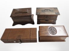 Two oak trinket boxes, a mahogany box and a leather box, largest 24cm wide.