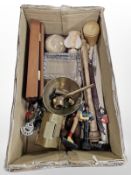 A group of treen, brass money box in the form of a house, brass pipe,