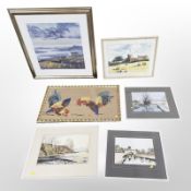 A group of pictures and prints including water colour landscapes, gilt framed embroidery,